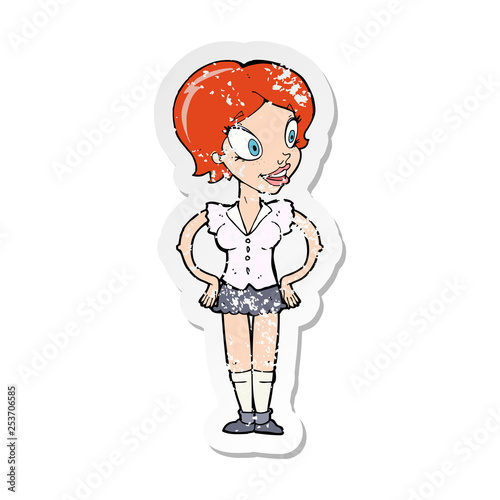retro distressed sticker of a cartoon happy woman in short skirt