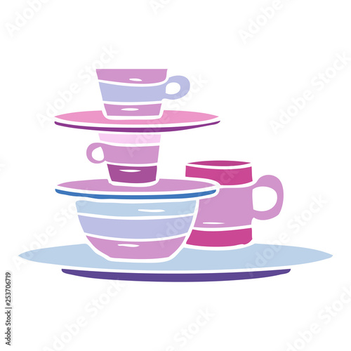 cartoon doodle of colourful bowls and plates