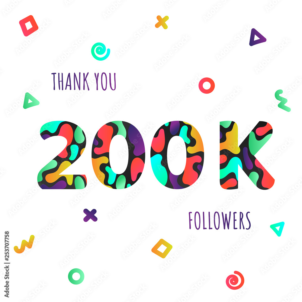 Thank you 200000 followers numbers postcard. Congratulating gradient flat style 200k thanks image vector illustration isolated  white background. Template for internet media and social network.