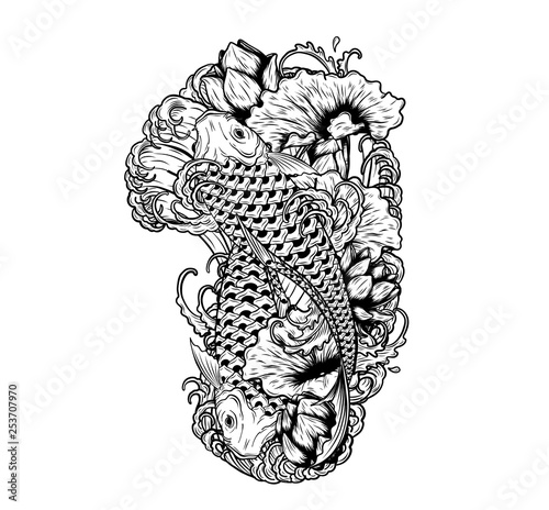 Carp fish with lotus vector tattoo by hand drawing.Beautiful fish on white background.Black and white graphics design art highly detailed in line art style.Koi fish for tattoo or wallpaper.