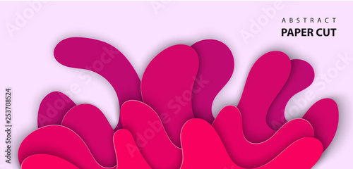 Vector background with splash water paper cut shapes in pink color. 3D abstract paper art style, design layout for advertising, flyers, posters, prints, decoration, cards, brochure cover.
