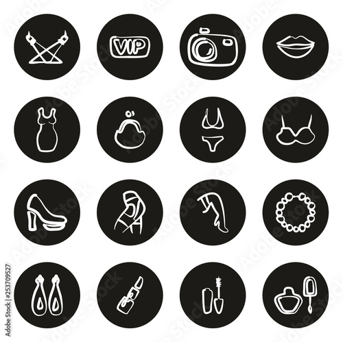 Fashion Show Icons Freehand White On Black Circle