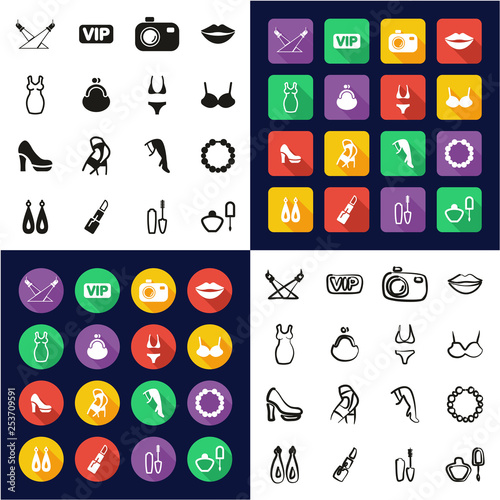 Fashion Show Icons All in One Icons Black & White Color Flat Design Freehand Set