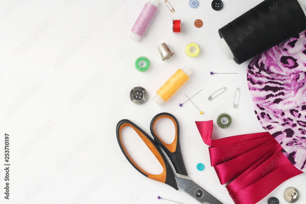 Tailoring and sewing concept background with copy space Tailoring and sewing concept background with copy space