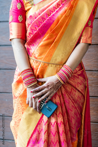 Canvas Print colorful silk saree , bride , traditional Hindu wedding , South India