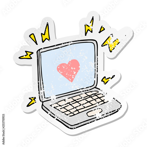 distressed sticker of a internet dating cartoon