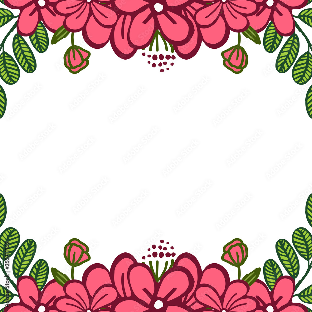 Vector illustration various shape pink flower frame with green leaves
