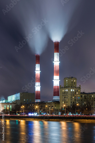 Photography The evening or night view on the thermal power station on the Moskva river emban