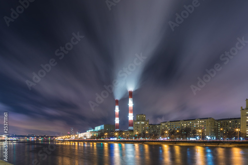 The evening or night view on the thermal power station on the Moskva river embankment in Moscow  Russia