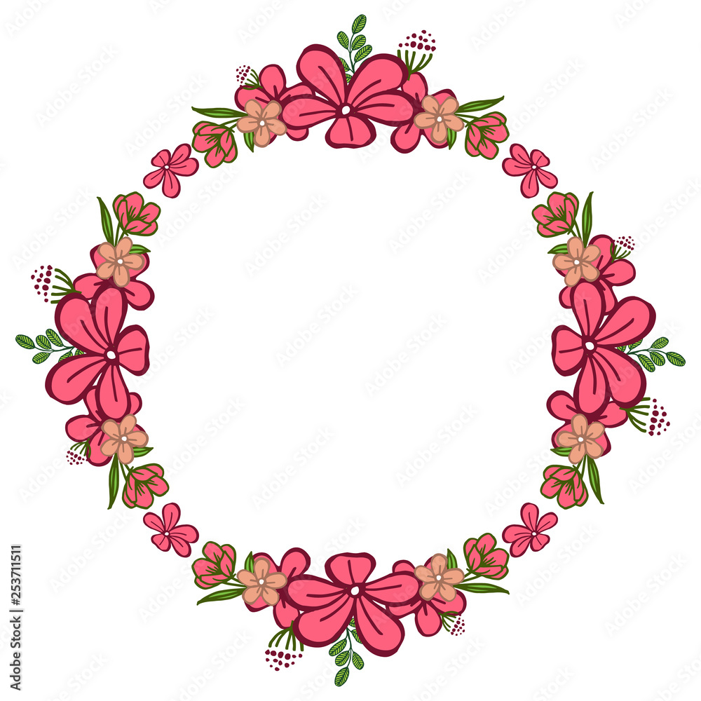 Vector illustration various shape pink flower frame with green leaves