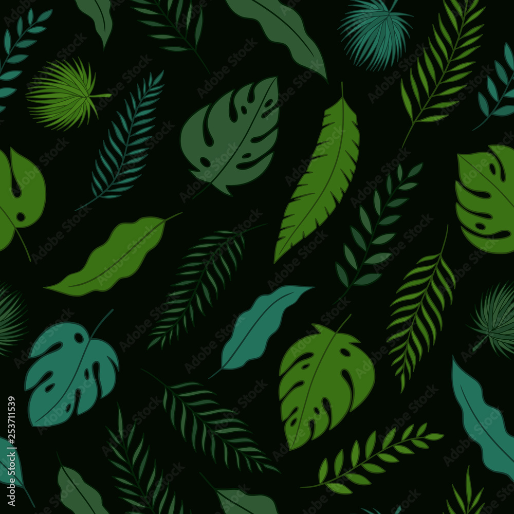 Tropical jungle leaves seamless pattern. Hand drawn vector illustration on black background. For fashion, textile, web, print, surface design Tropical jungle leaves seamless pattern. Hand drawn vector illustration on black background. For fashion, textile, web, print, surface design