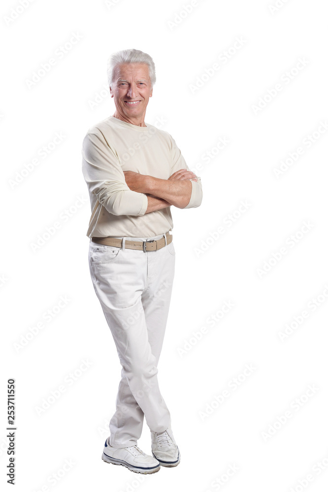Portrait of senior man posing on white background