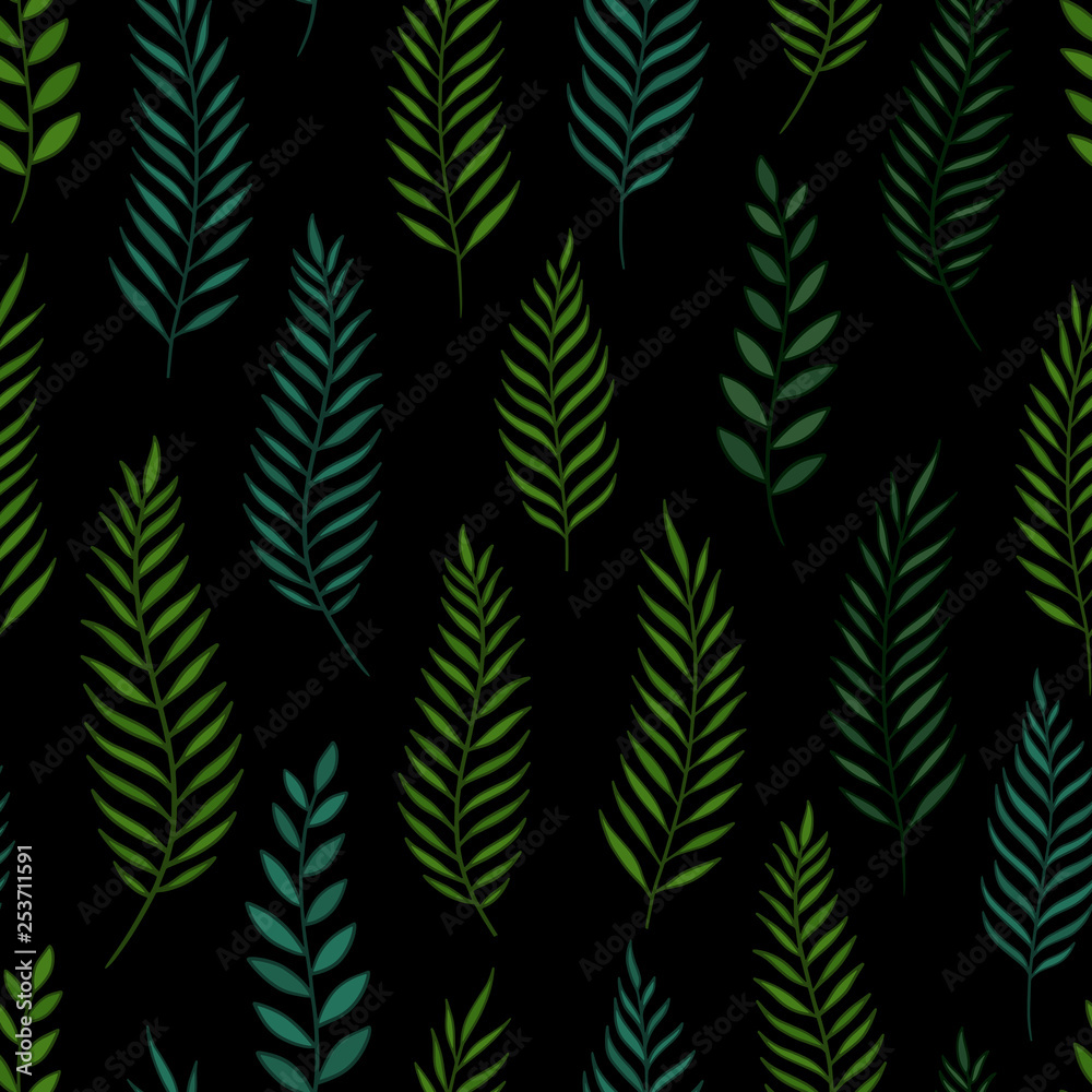 Tropical jungle leaves seamless pattern. Hand drawn vector illustration on black background. For fashion, textile, web, print, surface design