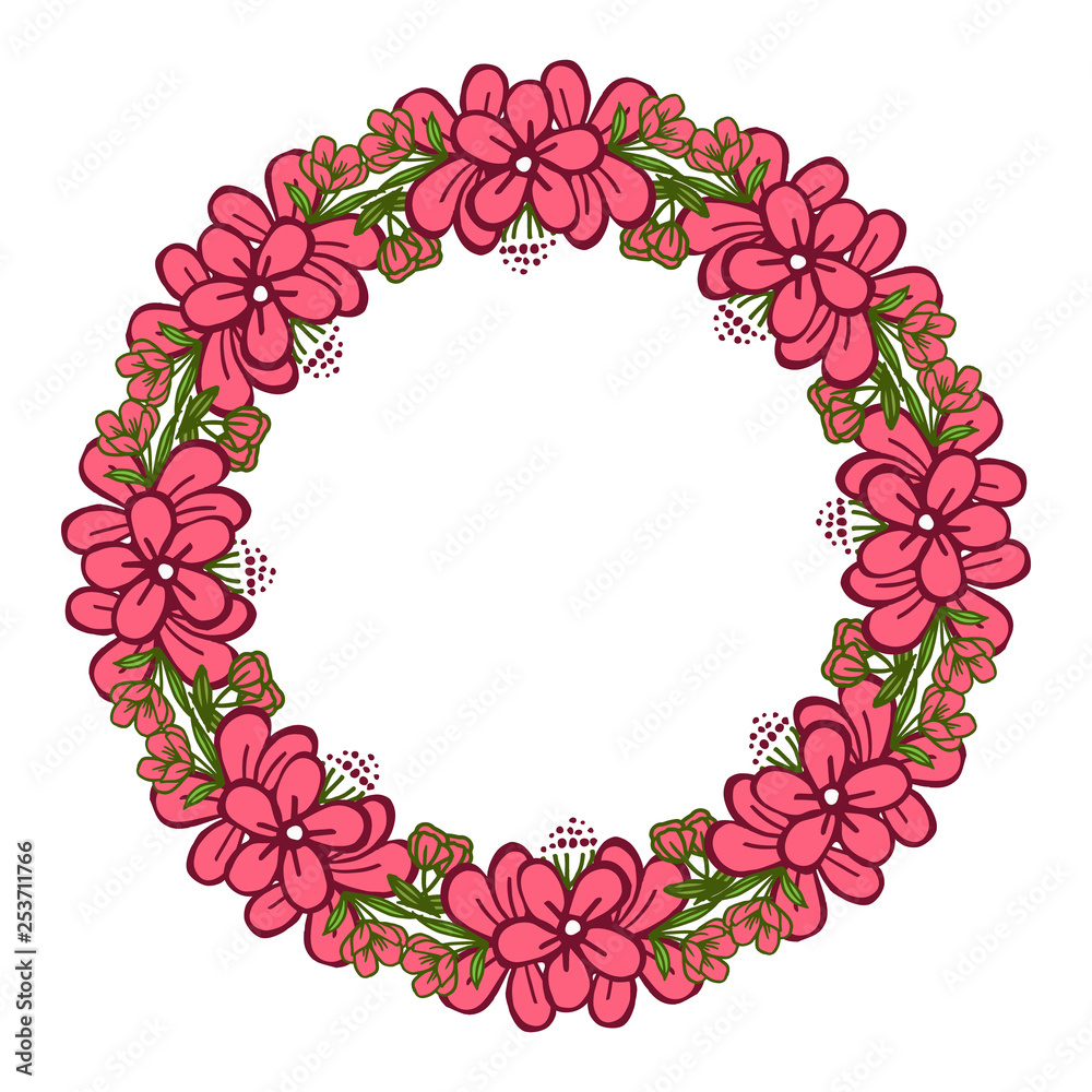 Vector illustration various shape pink flower frame with green leaves