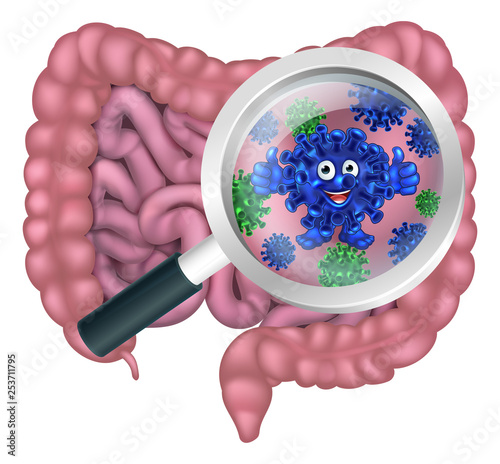 Fun gut bacteria cartoon mascot being shown with a magnifying glass. Could be result of probiotics promoting good digestive flora or other microbes.