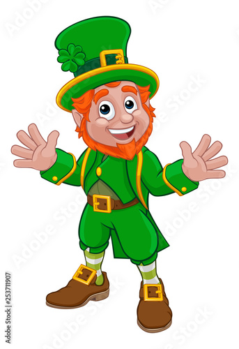 A Leprechaun St Patricks Day Irish cartoon character waving