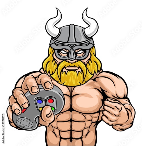 A Viking or gladiator warrior gamer mascot with video games controller 
