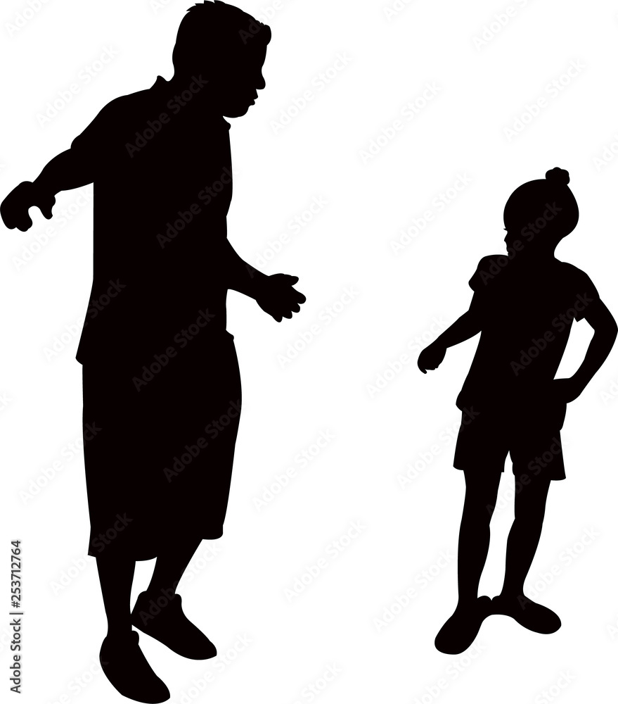 Father scolding his daughter pointing finger, silhouette vector