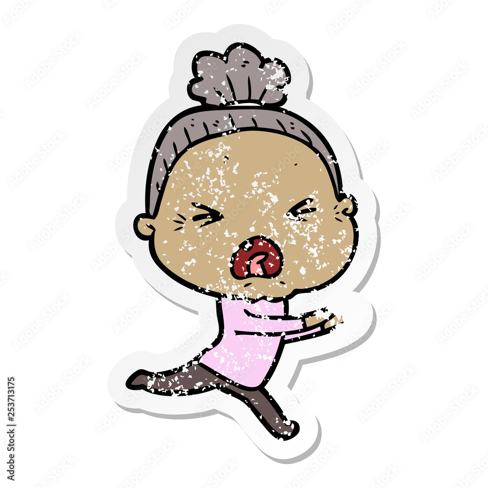 distressed sticker of a cartoon angry old woman