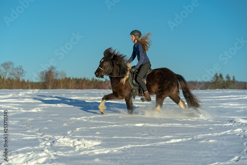 Young Swedish woman enjoying a ride on her Icelandic horse in deep snow