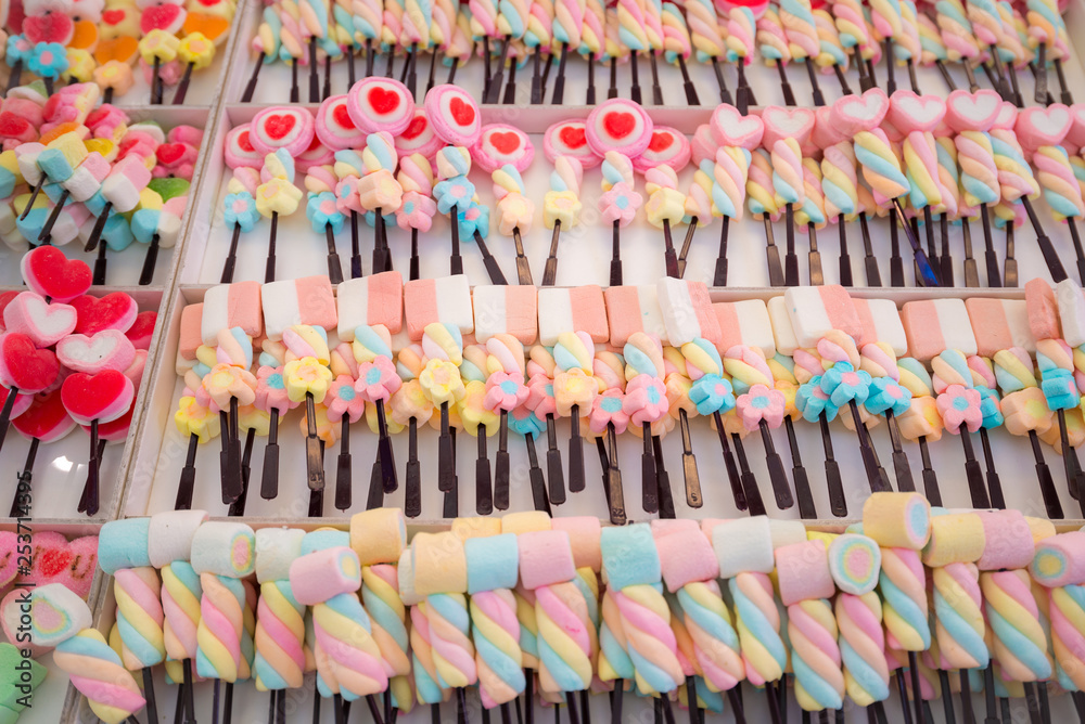 Colorful Marshmallows Stick in the white box, the candy sweet for kids