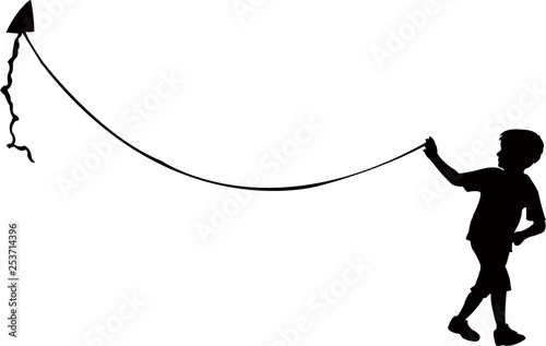 boy flying kite, silhouette vector