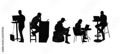 Business people working on computer in office silhouette. Man with laptop. Corporate workplace office. Woman typing on pc. Worker programming in IT hub. Software developer. Freelancer creative job.