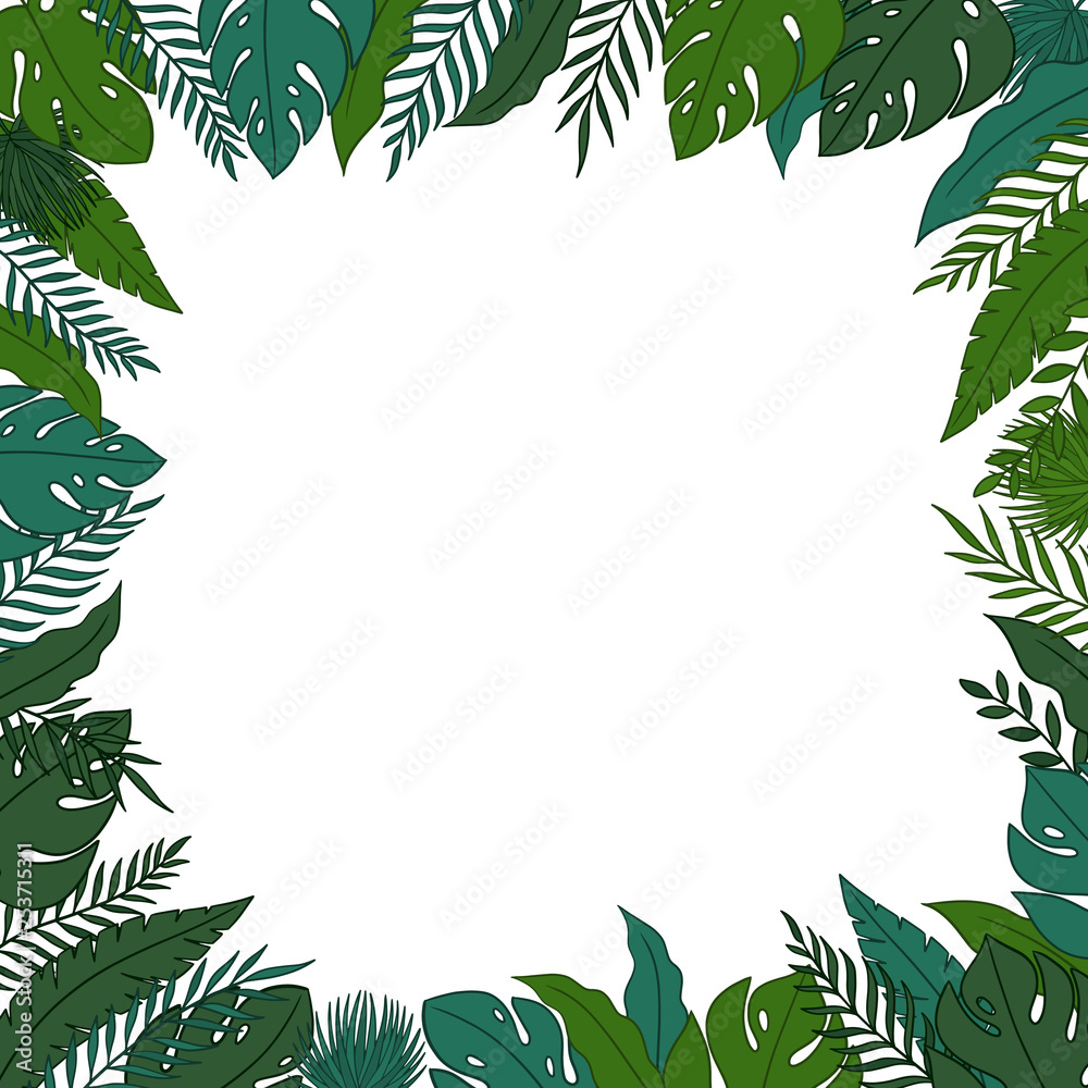 Tropical jungle leaves frame border with a blank space for a text, logo, or product designs. View from above. Hand drawn vector illustration.