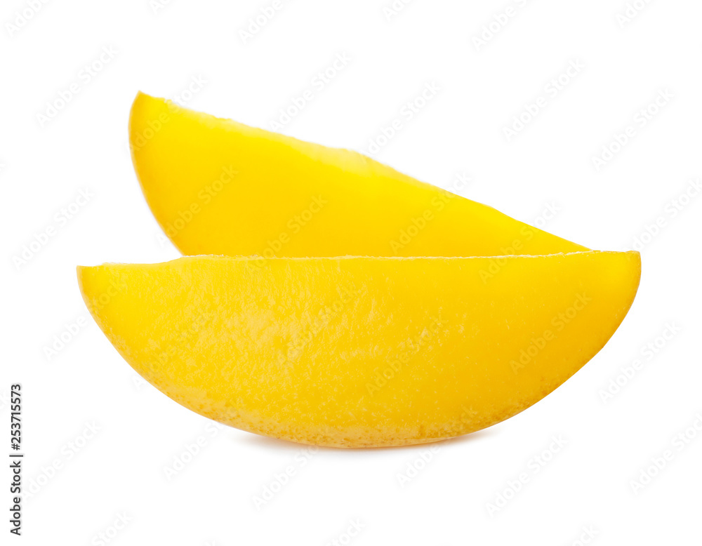 Fresh juicy mango slices isolated on white Fresh juicy mango slices isolated on white