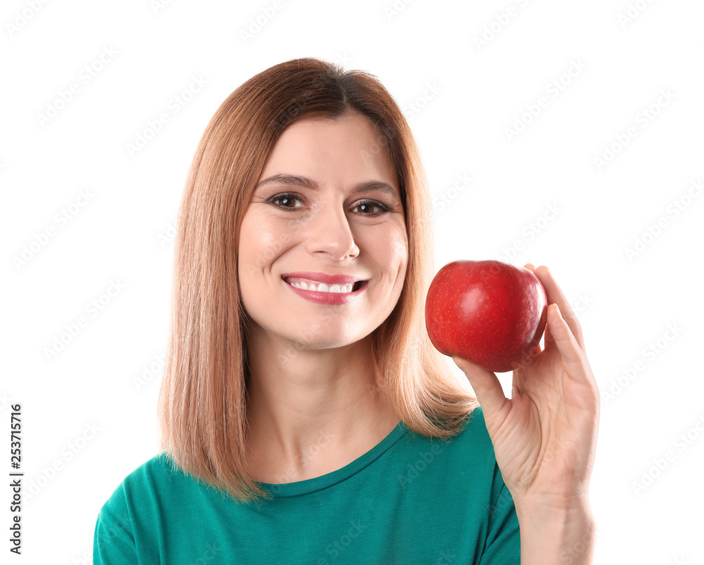 Smiling woman with perfect teeth and red apple on white background Smiling woman with perfect teeth and red apple on white background