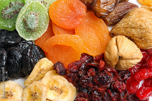Different dried fruits as background, top view. Healthy lifestyle