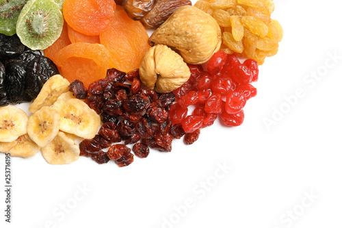 Fototapeta Naklejka Na Ścianę i Meble -  Different dried fruits on white background, top view. Healthy lifestyle