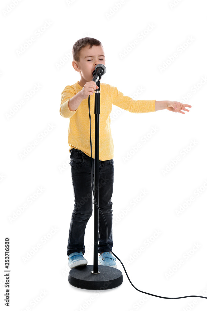Cute funny boy with microphone on white background Cute funny boy with microphone on white background