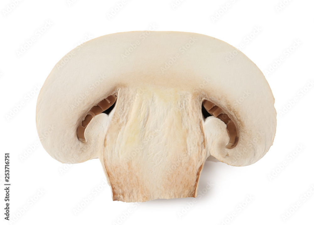 Fresh raw champignon mushroom on white background, top view Fresh raw champignon mushroom on white background, top view