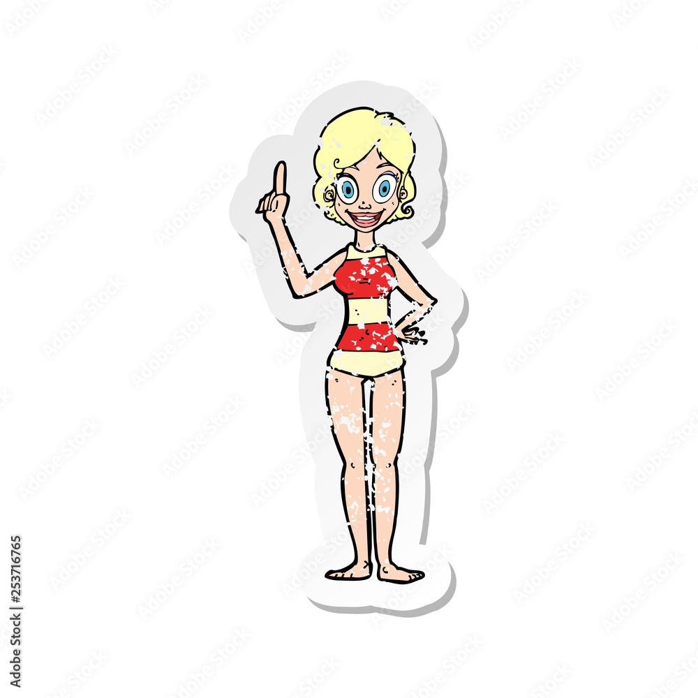retro distressed sticker of a cartoon woman in striped swimsuit retro distressed sticker of a cartoon woman in striped swimsuit