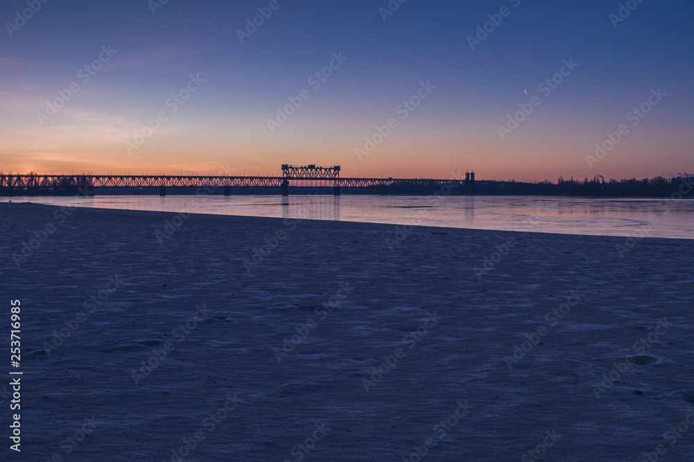 New moon. Beautiful river in twilight.