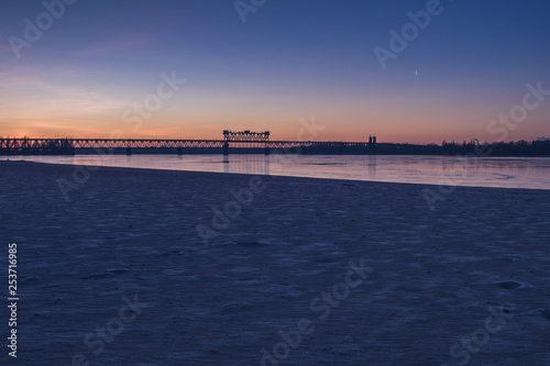 New moon. Beautiful river in twilight.