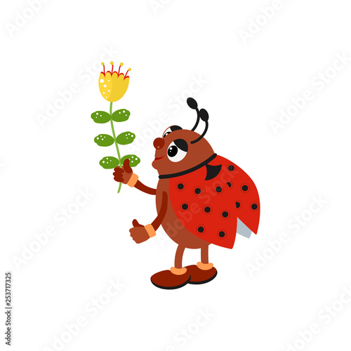 Cute ladybug holding a flower. Vector illustration in cartoon style for presents, invitation,holiday interior design.