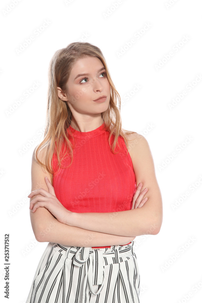 Portrait of beautiful young woman on white background Portrait of beautiful young woman on white background