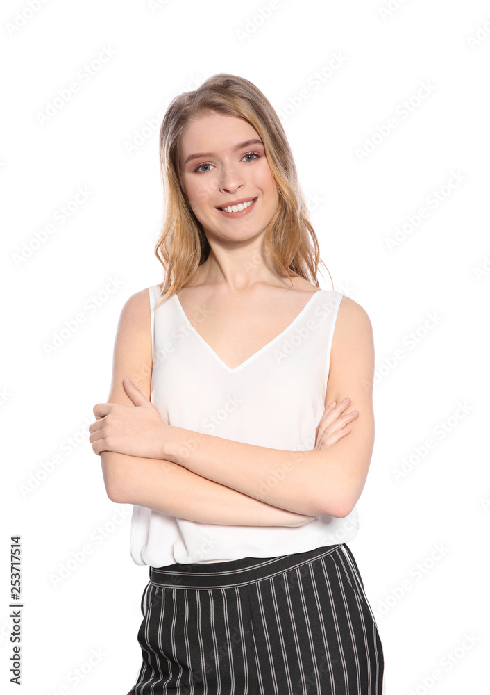 Portrait of beautiful young woman on white background Portrait of beautiful young woman on white background