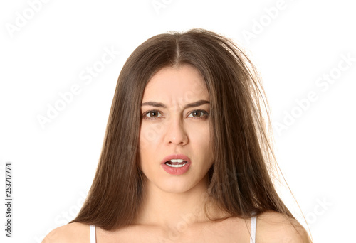 Emotional woman before and after hair treatment on white background