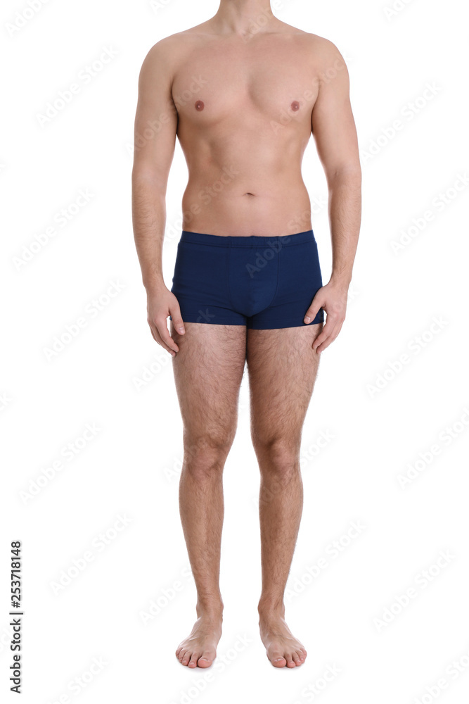 Fototapeta premium Young man on white background, closeup. Weight loss