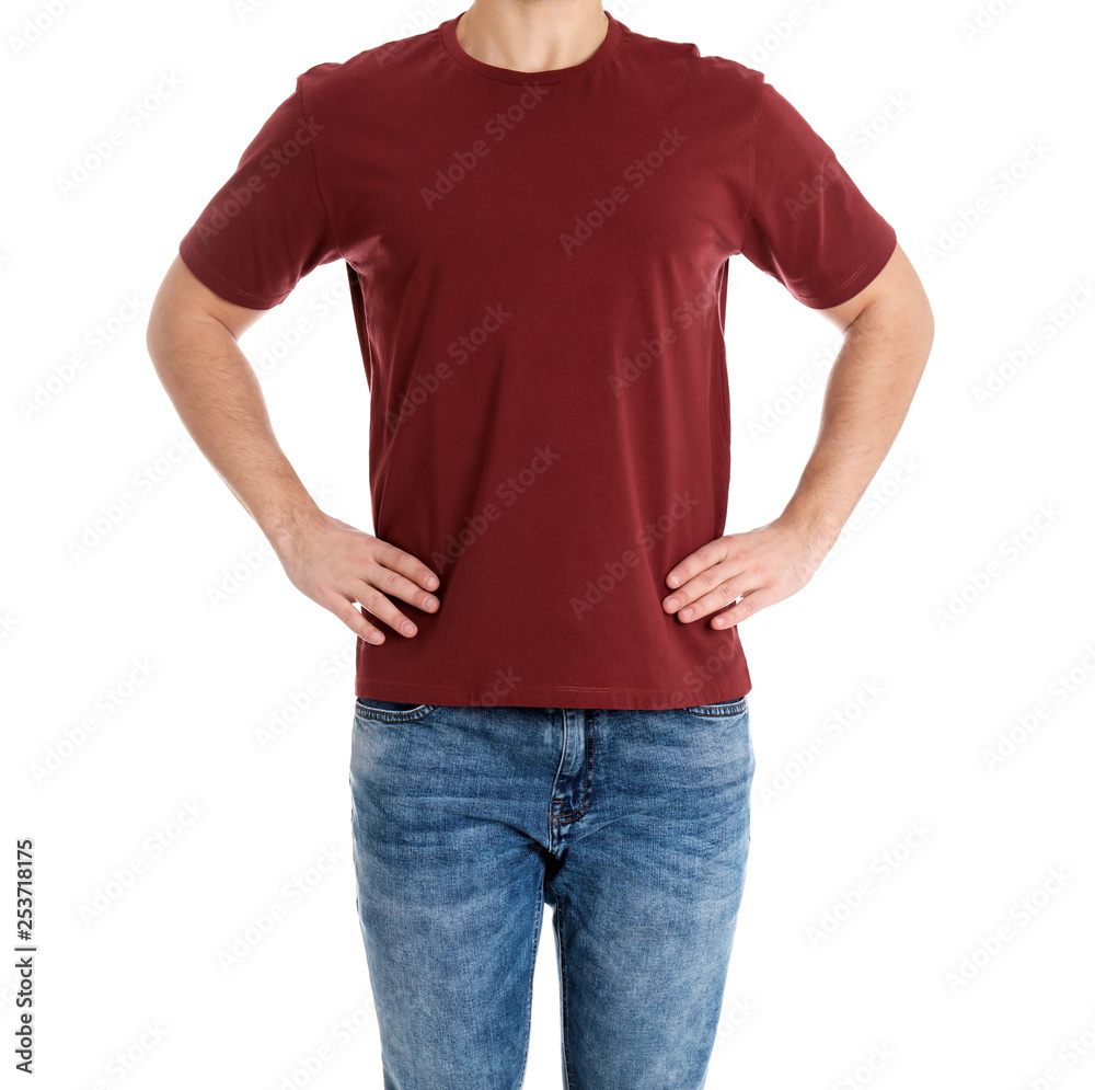 Young man on white background, closeup. Weight loss Young man on white background, closeup. Weight loss