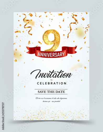 Invitation card template of 9 years anniversary with abstract text vector illustration. Greeting card template