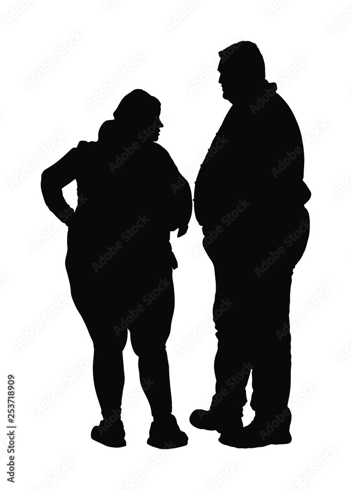 Fat man and woman is worry about health vector silhouette. Overweight person trouble. Big boy think about food calorie. Difficulties in moving. Breathless sweaty need break. Fat couple in love on date Fat man and woman is worry about health vector silhouette. Overweight person trouble. Big boy think about food calorie. Difficulties in moving. Breathless sweaty need break. Fat couple in love on date