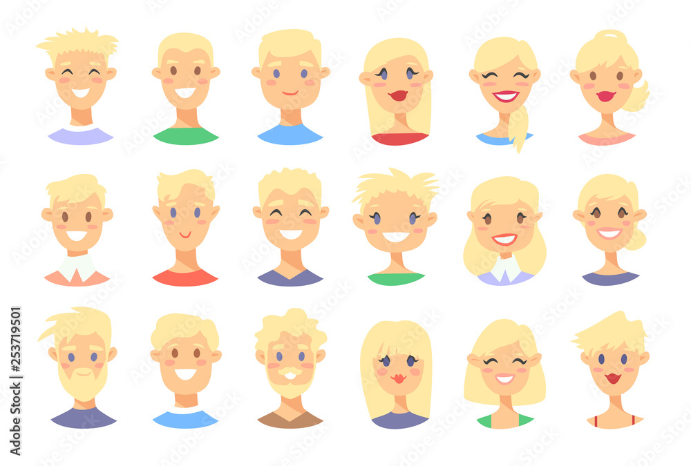 Set of blondes male and female characters. Cartoon style Scandinavian people icons. Set of blondes male and female characters. Cartoon style Scandinavian people icons.