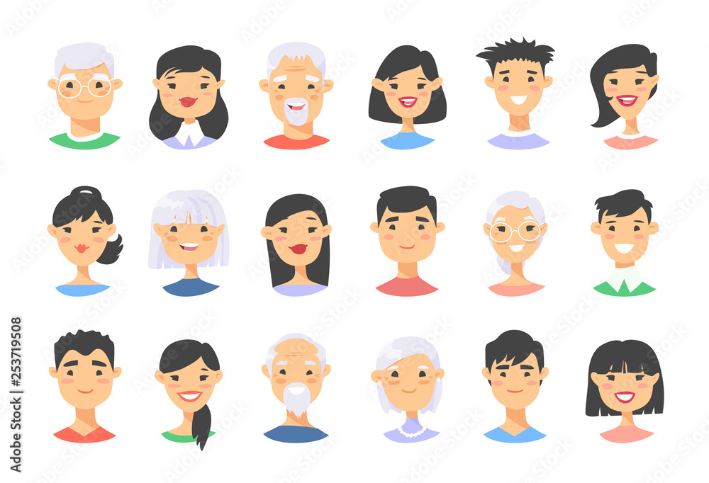 Set of asian male and female characters. Cartoon style elderly and young people icons. Set of asian male and female characters. Cartoon style elderly and young people icons.
