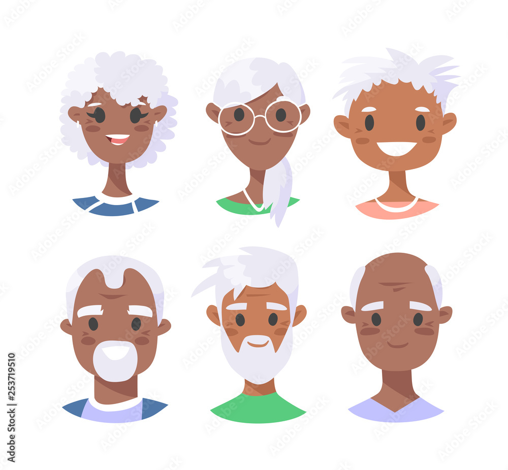 Set of black male and female characters. Cartoon style african american people icons. Isolated elderly guys avatars. Flat illustration men and women faces. Hand drawn vector drawing portraits Set of black male and female characters. Cartoon style african american people icons. Isolated elderly guys avatars. Flat illustration men and women faces. Hand drawn vector drawing portraits