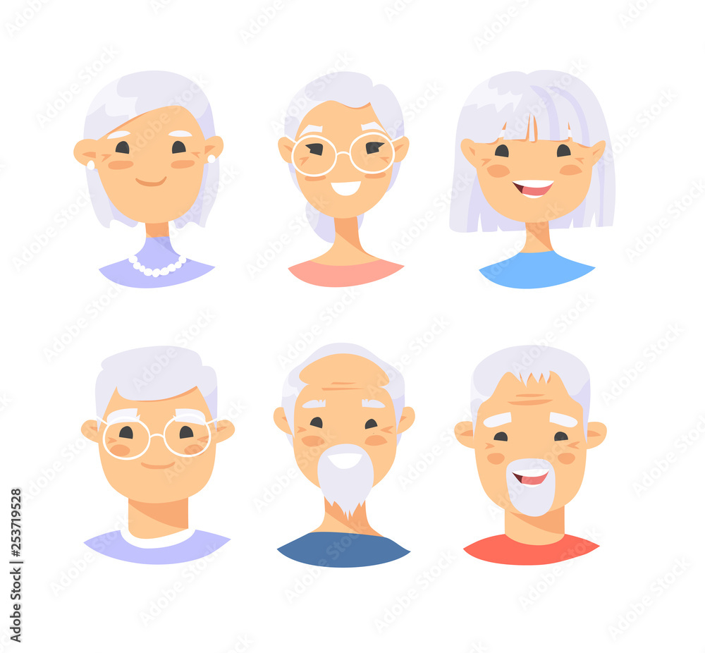Set of asian male and female characters. Cartoon style elderly people icons. Isolated guys avatars. Flat illustration men and women faces. Hand drawn vector drawing portraits Set of asian male and female characters. Cartoon style elderly people icons. Isolated guys avatars. Flat illustration men and women faces. Hand drawn vector drawing portraits