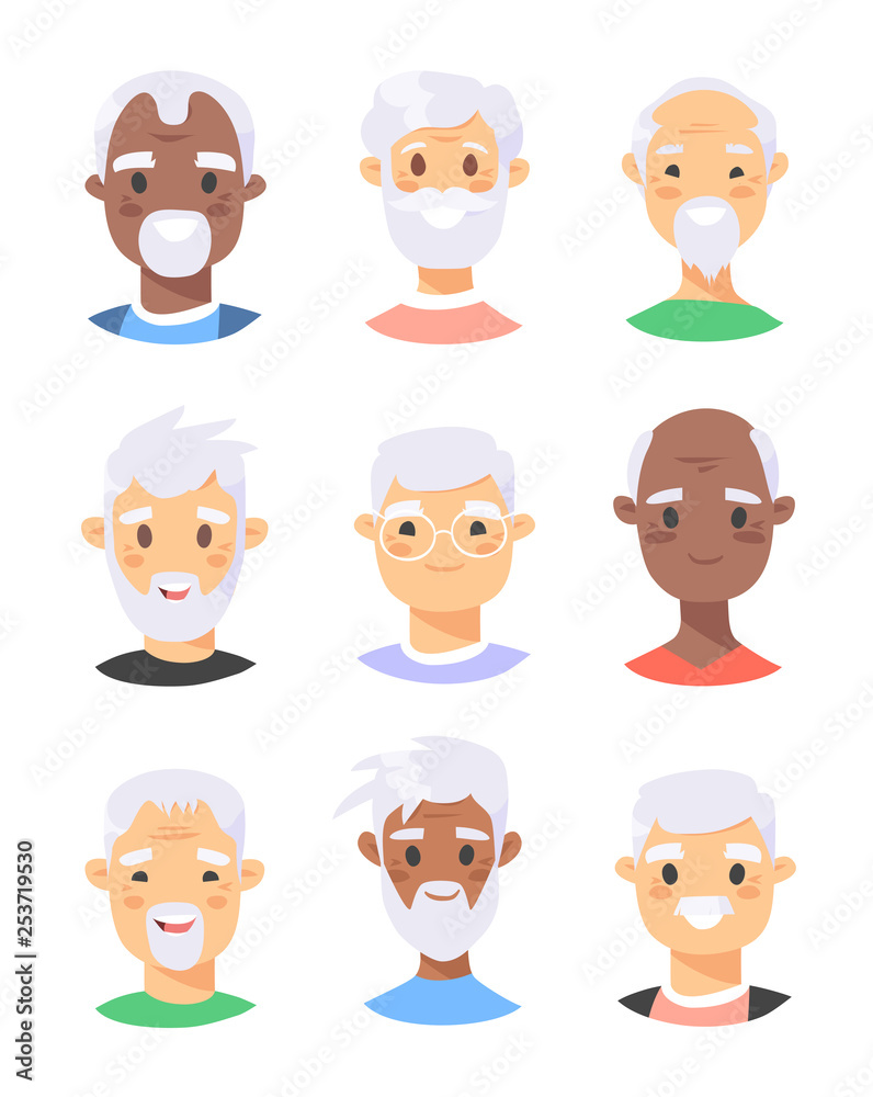 Set of male characters. Cartoon style elderly people icons. Isolated guys avatars. Flat illustration men faces. Hand drawn vector drawing portraits Set of male characters. Cartoon style elderly people icons. Isolated guys avatars. Flat illustration men faces. Hand drawn vector drawing portraits